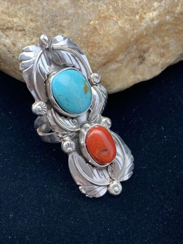 Navajo Royston Turquoise, Coral, and Multi-Stone Men's Ring | Authentic Native American Sterling Silver | Sz 8 | 1808