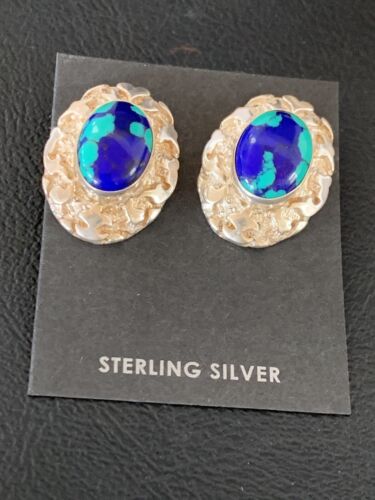 Native American Women's Blue Azurite Nugget Earrings | Sterling Silver | 13016