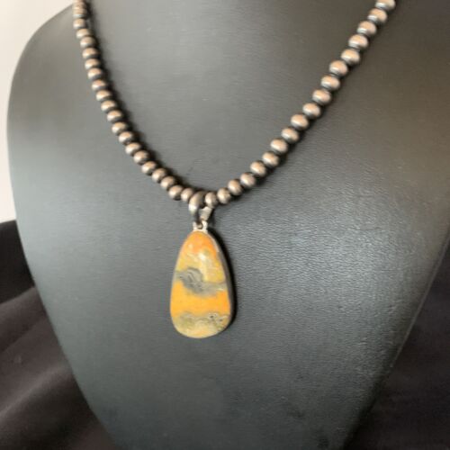 Navajo Yellow Bumblebee Jasper Pendant | Sterling Silver Necklace | Authentic Native American Handmade | 12811
