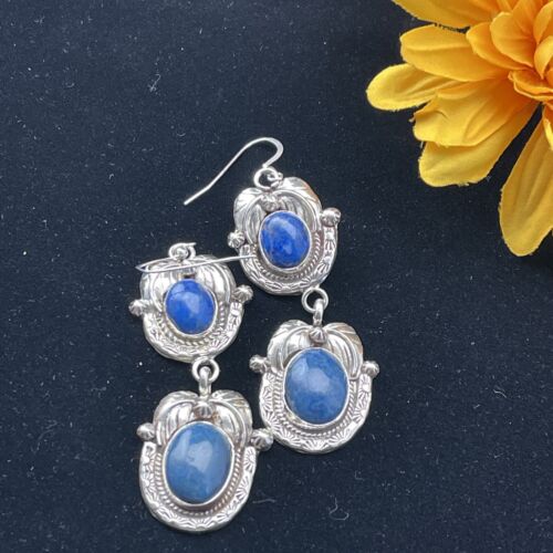 Southwestern Navajo Denim Lapis Dangle Earrings | Sterling Silver | 2" | 01798