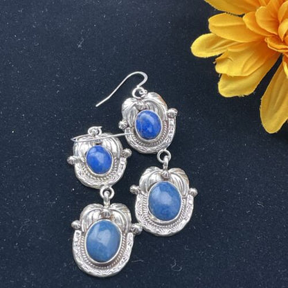 Southwestern Navajo Denim Lapis Dangle Earrings | Sterling Silver | 2" | 01798