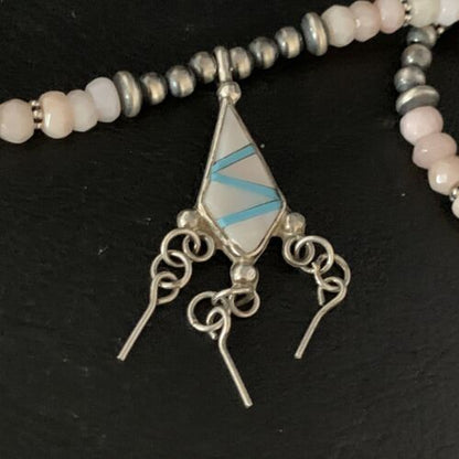Navajo Mother of Pearl Turquoise Inlay Pendant with Pink Opal Bead Necklace | Sterling Silver | 13457