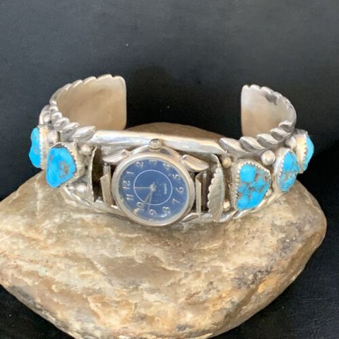 USA Navajo Sterling Silver Watch Blue Kingman Turquoise Cuff Bracelet 13711