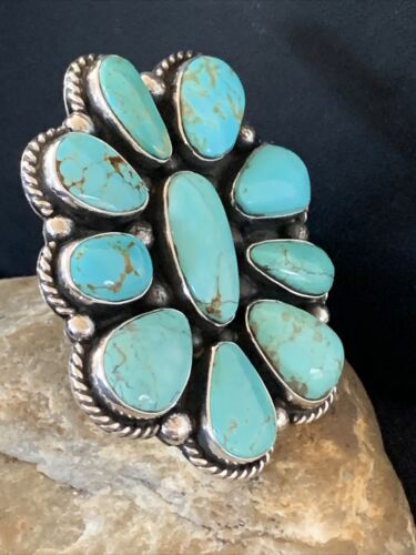 Navajo Blue Royston Turquoise Cluster Ring | Authentic Native American Sterling Silver | Multi-Stone | Sz 7 | 1660