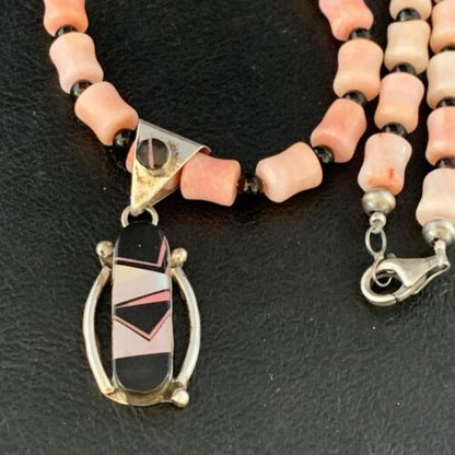Pink Coral, Onyx & Mother of Pearl Inlay Pendant Necklace | Navajo Sterling Silver Bead | Authentic Native American | 13733