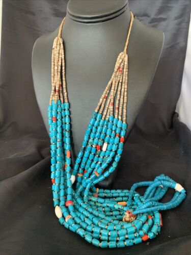 Southwestern Santo Domingo Coral Spiny Blue Turquoise Jacla Necklace | 32" | Native American Handmade | 12047