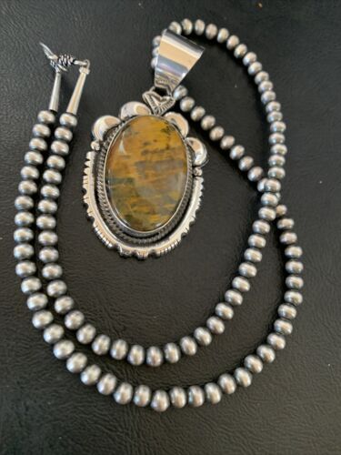 Men's Navajo Pearl Necklace with Sterling Silver Coffee Tiger's Eye Pendant | Authentic Native American Handmade | 11688 - Masha USA