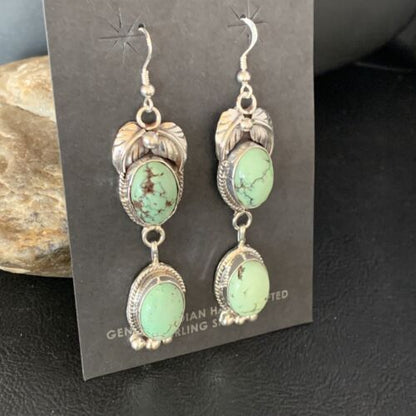 Navajo Green Spiderweb Turquoise Dangle Earrings | Sterling Silver | Authentic Native American Handmade | 13547