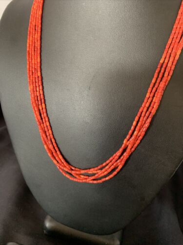 Natural Red Coral Rice Heishi Beads Necklace | 5 Strand | Sterling Silver | 20" | 12927