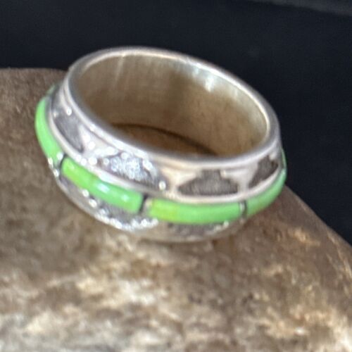 Navajo Green Gaspeite Inlay Eternity Band Ring | Sterling Silver | Sz 9.5 | Authentic Native American Handmade | 14548