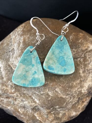 Southwestern Navajo Slab Turquoise Dangle Earrings | Sterling Silver | Authentic Native American Handmade | 1325