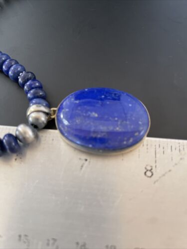 Navajo Pearls Sterling Silver Necklace with Blue Lapis Pendant | Authentic Native American Handmade | 11352