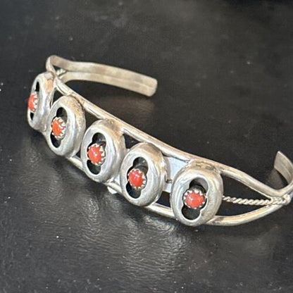 Navajo Red Coral Shadowbox Cuff Bracelet | Sterling Silver | Authentic Native American Handmade | 14591