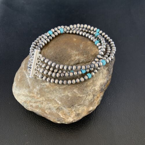 Navajo Pearls Blue Turquoise Bracelet | Sterling Silver | 4-Strand | Authentic Native American Handmade | 13148