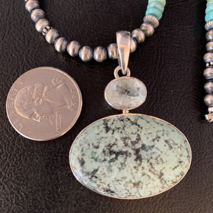 Navajo Pearls Sterling Silver Necklace | Blue Spiderweb Turquoise Pendant | Multi-Stone | 13921