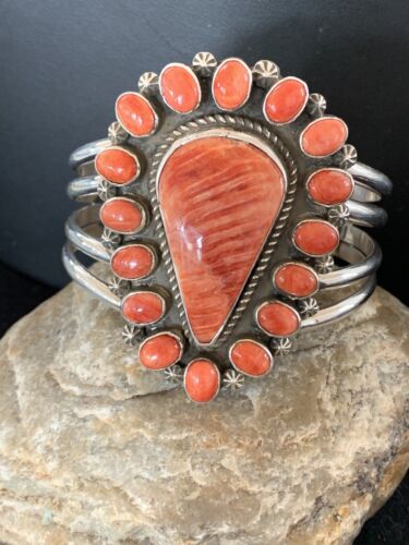 Navajo Spiny Oyster Cluster Cuff Bracelet | Sterling Silver | Authentic Native American Handmade | 4954