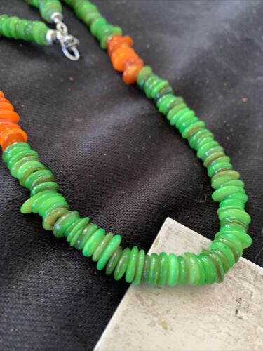 Navajo Pearls Necklace | Orange Green Mother of Pearls | Sterling Silver | Authentic Native American Handmade | 20" | 1053