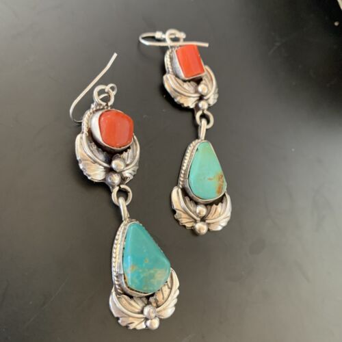Navajo Green Royston Turquoise Red Coral Dangle Earrings | Sterling Silver | Authentic Native American Handmade | 2054