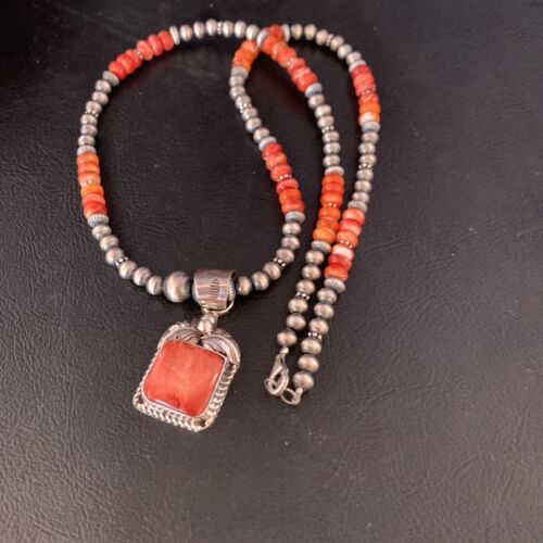 Navajo Red Spiny Oyster Pendant Necklace | Sterling Silver | 20" | Authentic Native American Handmade | 13653