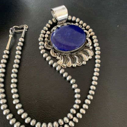 Native American Blue Lapis Pendant Necklace | Navajo Sterling Silver | Authentic Handmade | 14114
