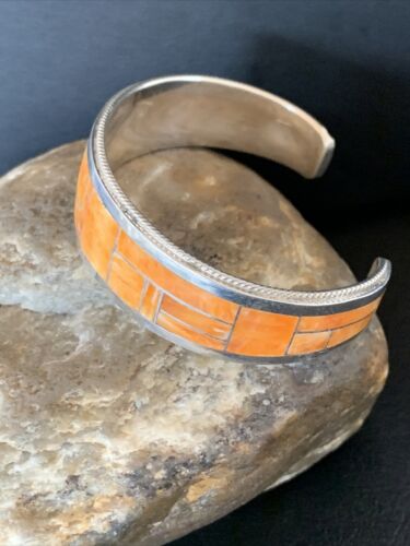 Native American Zuni Orange Spiny Oyster Inlay Cuff Bracelet | Sterling Silver | 12097