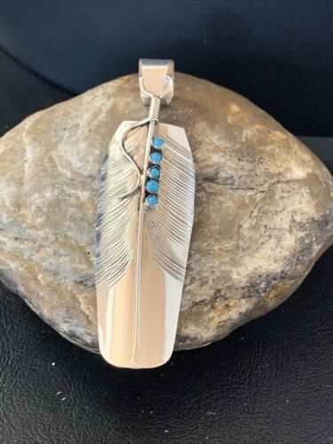 Navajo Turquoise Feather Pendant | Authentic Native American Sterling Silver | Multi-Stone | Handmade | 3.5" | 2106