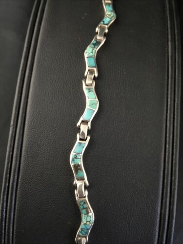 Native American Women's Sterling Silver Turquoise Inlay Link Bracelet | 6.75" | 2031