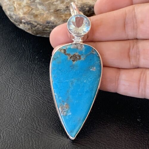 Navajo Sterling Silver Blue Topaz Turquoise Multi-Stone Pendant | Authentic Native American Handmade | 3" | 12025