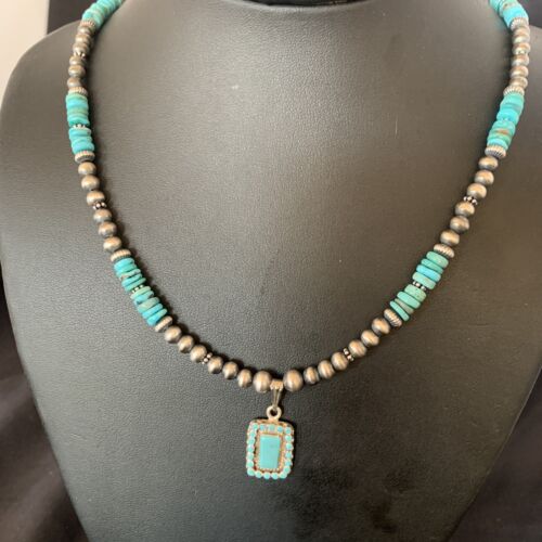 Navajo Blue Turquoise Cluster Pendant Necklace | Sterling Silver | 21" | Authentic Native American Handmade | 12578