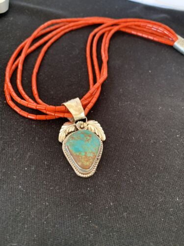 Navajo Sterling Silver Turquoise Pendant with Coral Bead Necklace | Multi-Strand | Authentic Native American Handmade | 00370