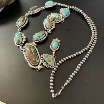 Navajo Blue Turquoise Lariat Necklace | Sterling Silver | Authentic Native American Handmade | 11468