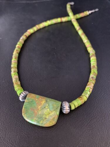 Navajo Green Gaspeite Turquoise Pendant | Sterling Silver | Authentic Native American Handmade | 13917