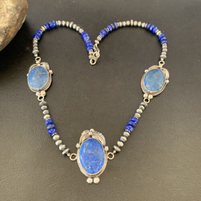 Navajo Pearls Necklace with 3 Stone Blue Denim Lapis Pendant | Sterling Silver | Native American Handmade | 10822