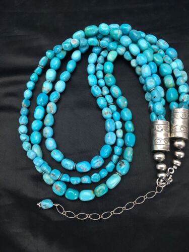 Navajo Nacozari Turquoise Nugget Bead Necklace | 3 Strand | 21" | Authentic Native American Handmade | 2763