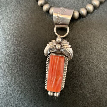 Navajo Red Spiny Oyster Square Pendant Necklace | Sterling Silver | Authentic Native American Handmade | 13635