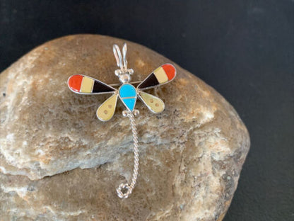 Zuni Turquoise Yellow Mother of Pearl Inlay Dragonfly Necklace Pin Pendant | Sterling Silver | 12323