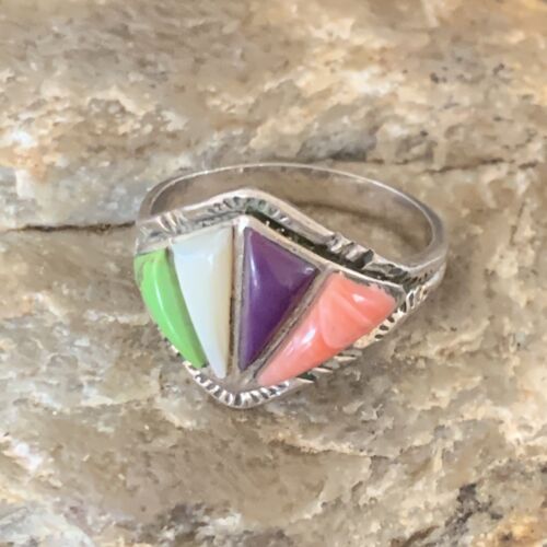 Navajo Multi-Color Gaspeite Sugilite Coral Mother of Pearl Inlay Ring | Sterling Silver | Sz 10.5 | 12397