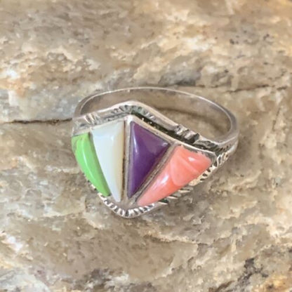 Navajo Multi-Color Gaspeite Sugilite Coral Mother of Pearl Inlay Ring | Sterling Silver | Sz 10.5 | 12397