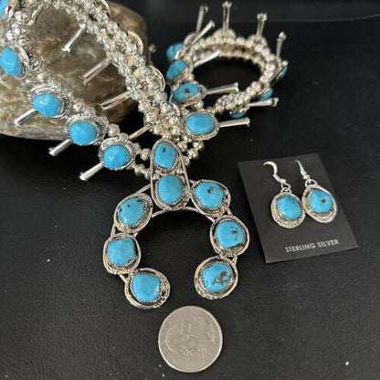 Kingman Turquoise Squash Blossom Necklace | Navajo Sterling Silver Naja | Authentic Native American | 14456