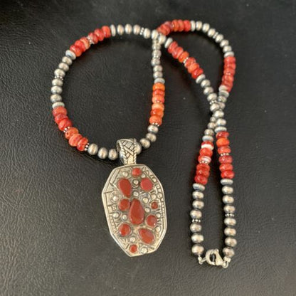Navajo Red Coral & Spiny Oyster Necklace | Sterling Silver Bead | Authentic Native American Handmade | 13735