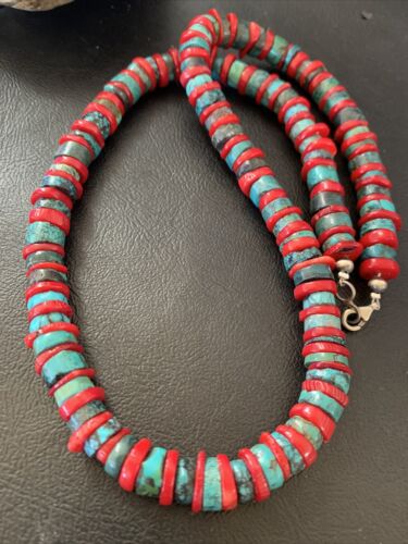 Navajo Men's Heishi Turquoise Coral Necklace | Sterling Silver | 20" | Authentic Native American Handmade | 11773