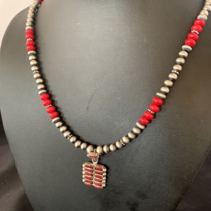 Southwestern Zuni Red Coral Corn Inlay Necklace Pendant | Sterling Silver | 21" | 12588