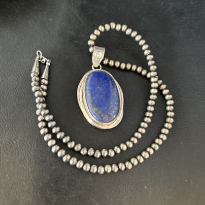 Native American Men's Navajo Pearls Necklace Pendant | Sterling Silver Lapis | 14466