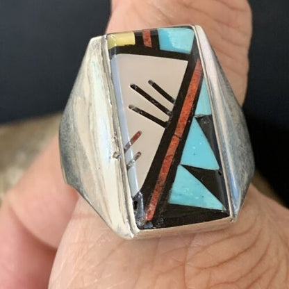 Navajo Men's Spiny Blue Turquoise Inlay Ring | Sterling Silver | Sz 15 | Authentic Native American Handmade | 12423