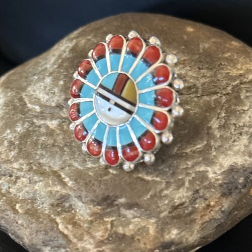 Zuni Sun Face Inlay Ring | Sterling Silver Coral Turquoise Onyx Mother of Pearl | Sz 6.5 | 14452