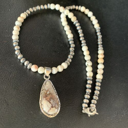 Navajo Pearls Necklace with Wild Horse Turquoise Pendant | Sterling Silver | Authentic Native American Handmade | 13904