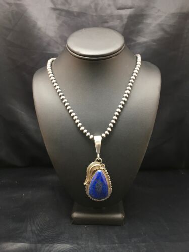 Navajo Lapis Pendant Necklace | Sterling Silver Pearls | Authentic Native American Handmade | 1005