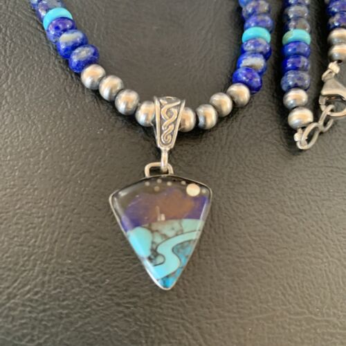 Men's Navajo Pendant | Blue Lapis Turquoise Opal Sterling Necklace 22" | Handmade Jewelry 13390