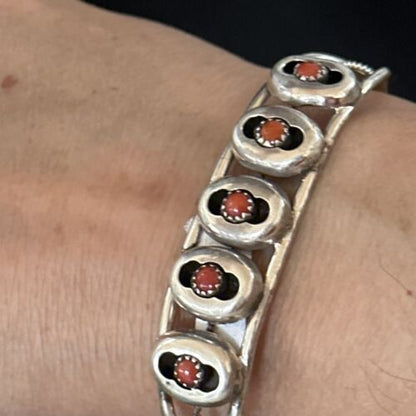 Navajo Red Coral Shadowbox Cuff Bracelet | Sterling Silver | Authentic Native American Handmade | 14591
