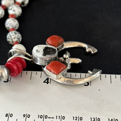 Navajo White Buffalo Turquoise Coral Naja Pendant Necklace | Sterling Silver | 24" | 14687